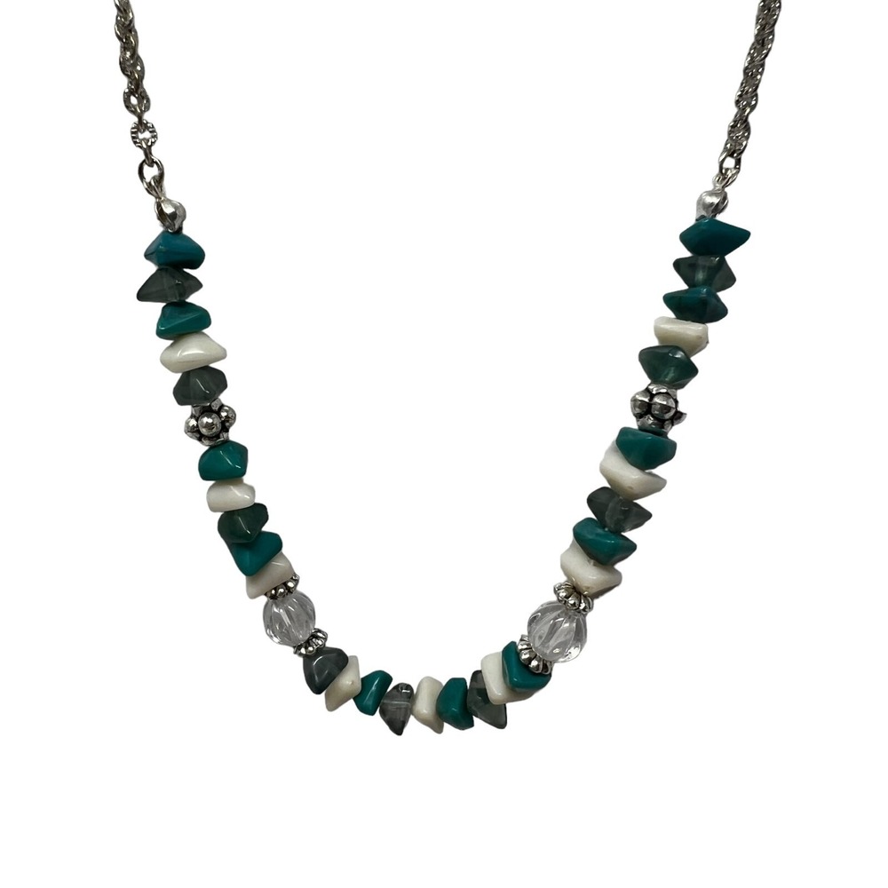 Vintage Avon Necklace Silver Tone with White Blue Clear Beads